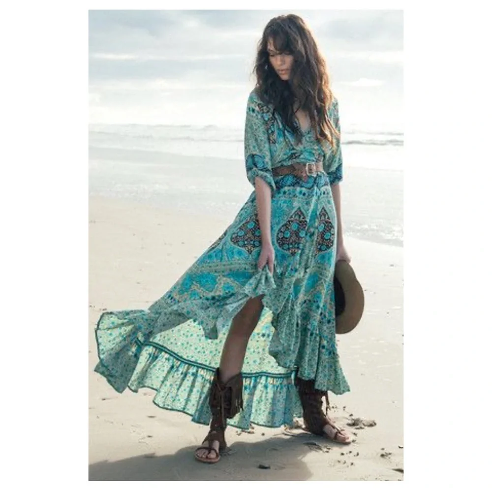 green emerald velvet dress Alasia Boho Maxi Dress
